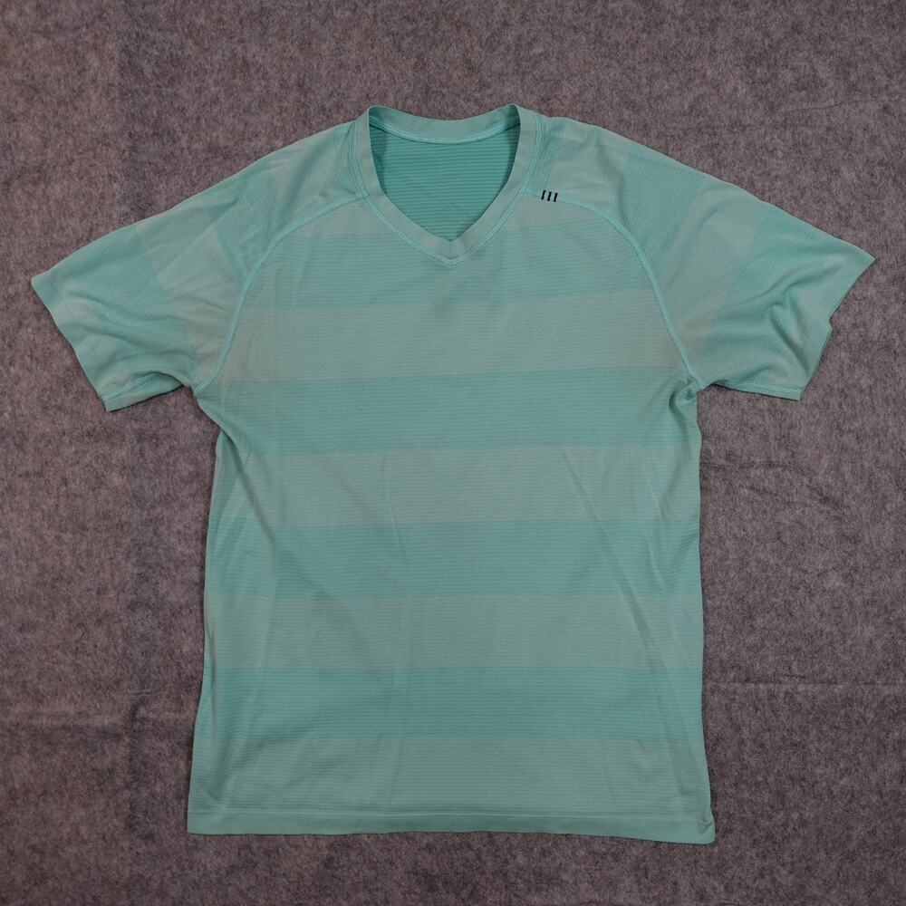 Lululemon Top Womens 10 V-Neck Short Sleeve Blue Striped Run Athletic Workout